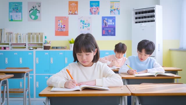 Shot in elementary school, girl smiling brightly to camera while studying in class / South Korea 동영상 (JKR250755) - 게티이미지뱅크
