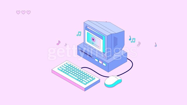노래가 흘러나오는 레트로 컴퓨터